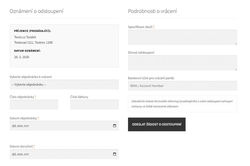 Formulář pro odstoupení generovaný pluginem Toret Toolkit