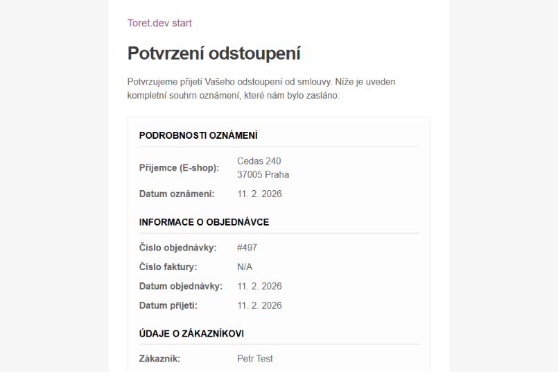 Shrnutí odstoupení v automatickém e-mailu pro zákazníka, který odesílá Toret Toolkit