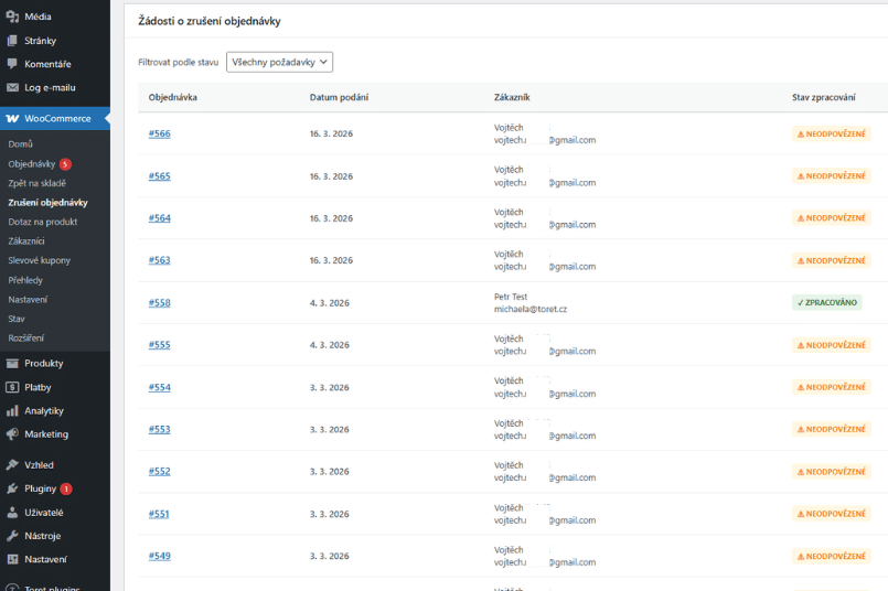 Přehled přijatých žádostí o odstoupení v administraci e-shopu generovaný pluginem Toret Toolkit