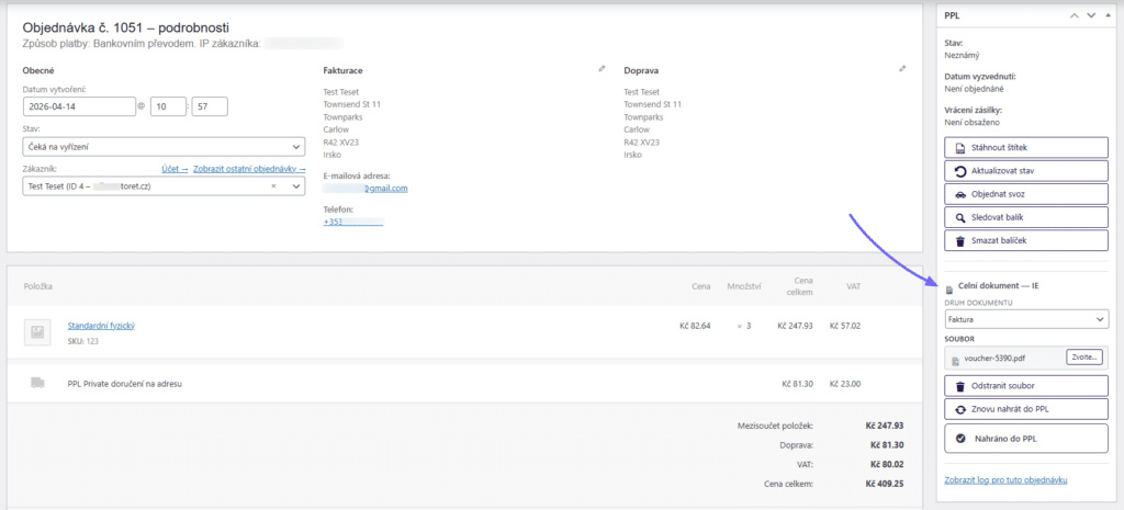 Vyplnění celní deklarace v pluginu PPL pro WooCommerce