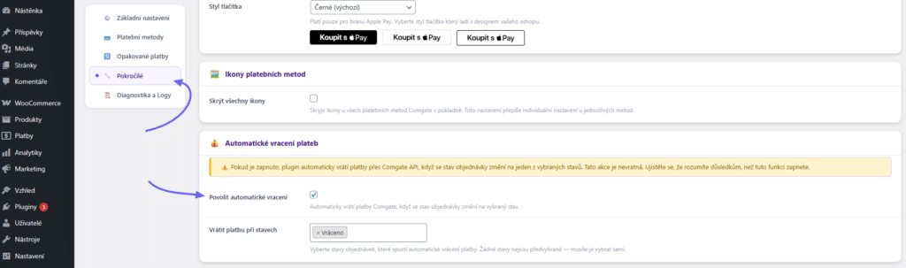 Nastavení automatického vracení plateb v pluginu Comgate pro WooCommerce