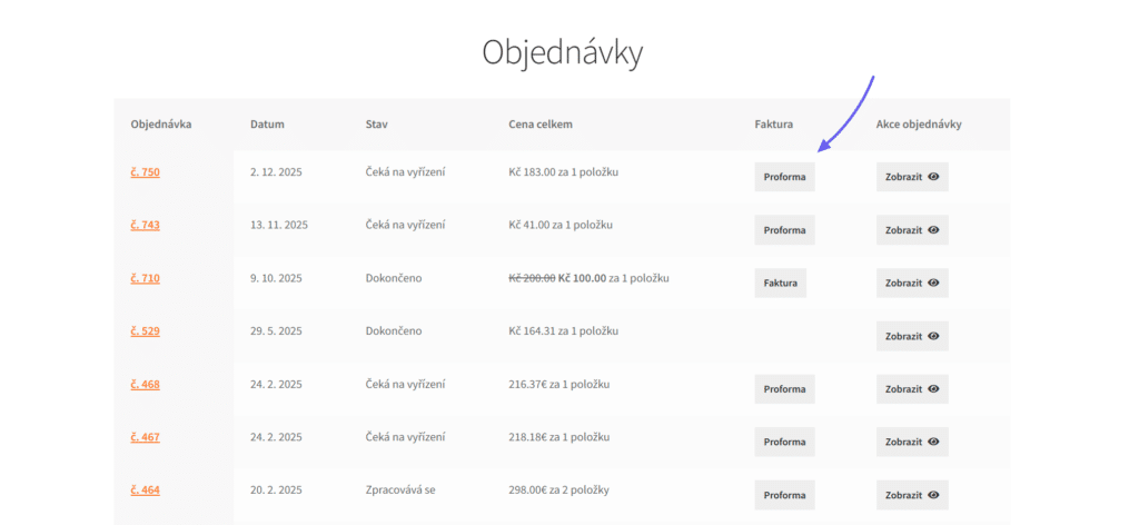 Tlačítko pro stažení dokumentů v přehledu objednávek v zákaznickém účtu přidané pluginem Fakturoid