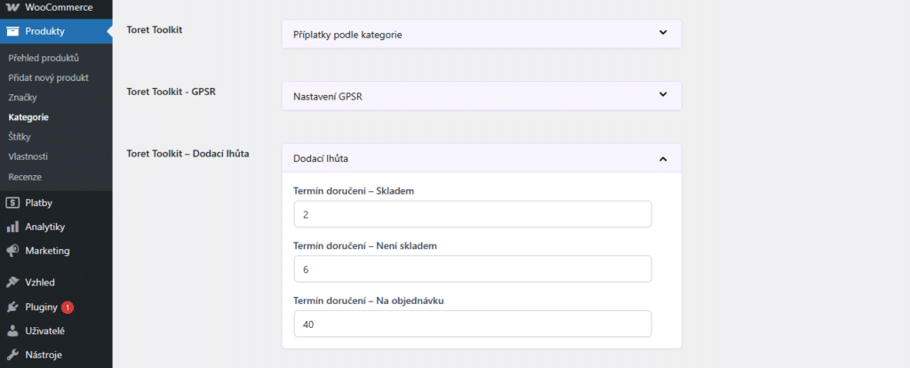 Nastavení dodací lhůty pro kategorii v pluginu Toolkit pro WooCommerce