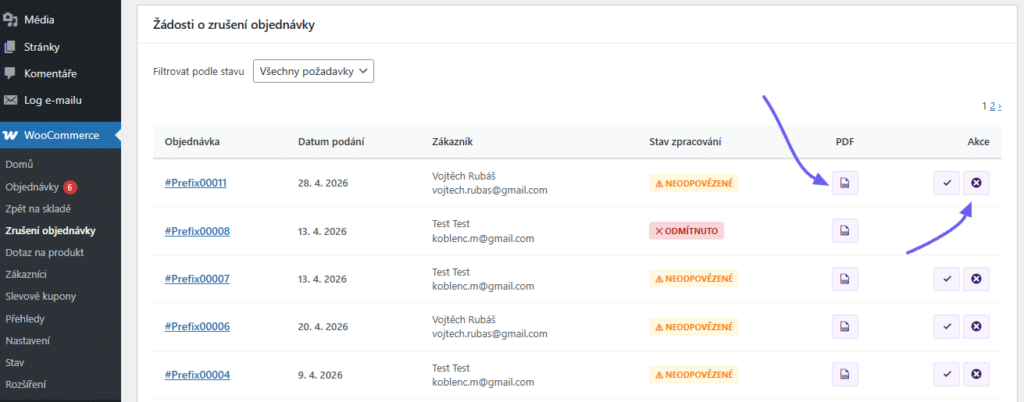 Odmítnutí odstoupení a stažení PDF o odstoupení od smlouvy v pluginu Toolkit pro WooCommerce