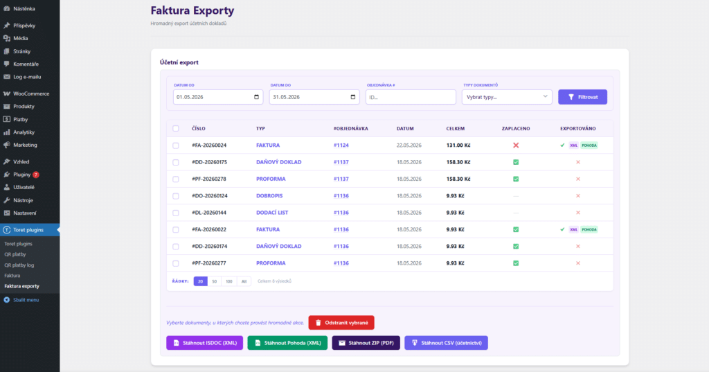 Toret Faktura - export pro pohodu a hromadné mazání