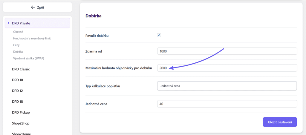 Nastavení maximální hodnoty dobírky v pluginu DPD