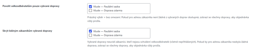 Povolení a skrytí doprav v pluginu Velkoobchod